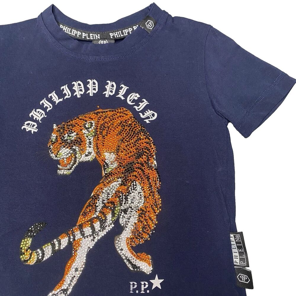 Philipp Plein T-shirt Rhinestone Tiger Boys Size 2 Years 2T 12-24 Months Blue